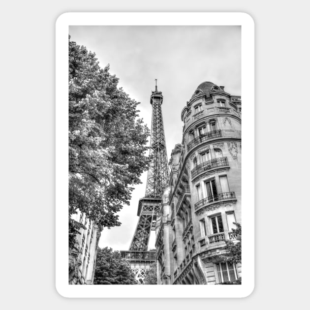 Eiffel Tower Paris, Between The Buildings Black & White Sticker by tommysphotos